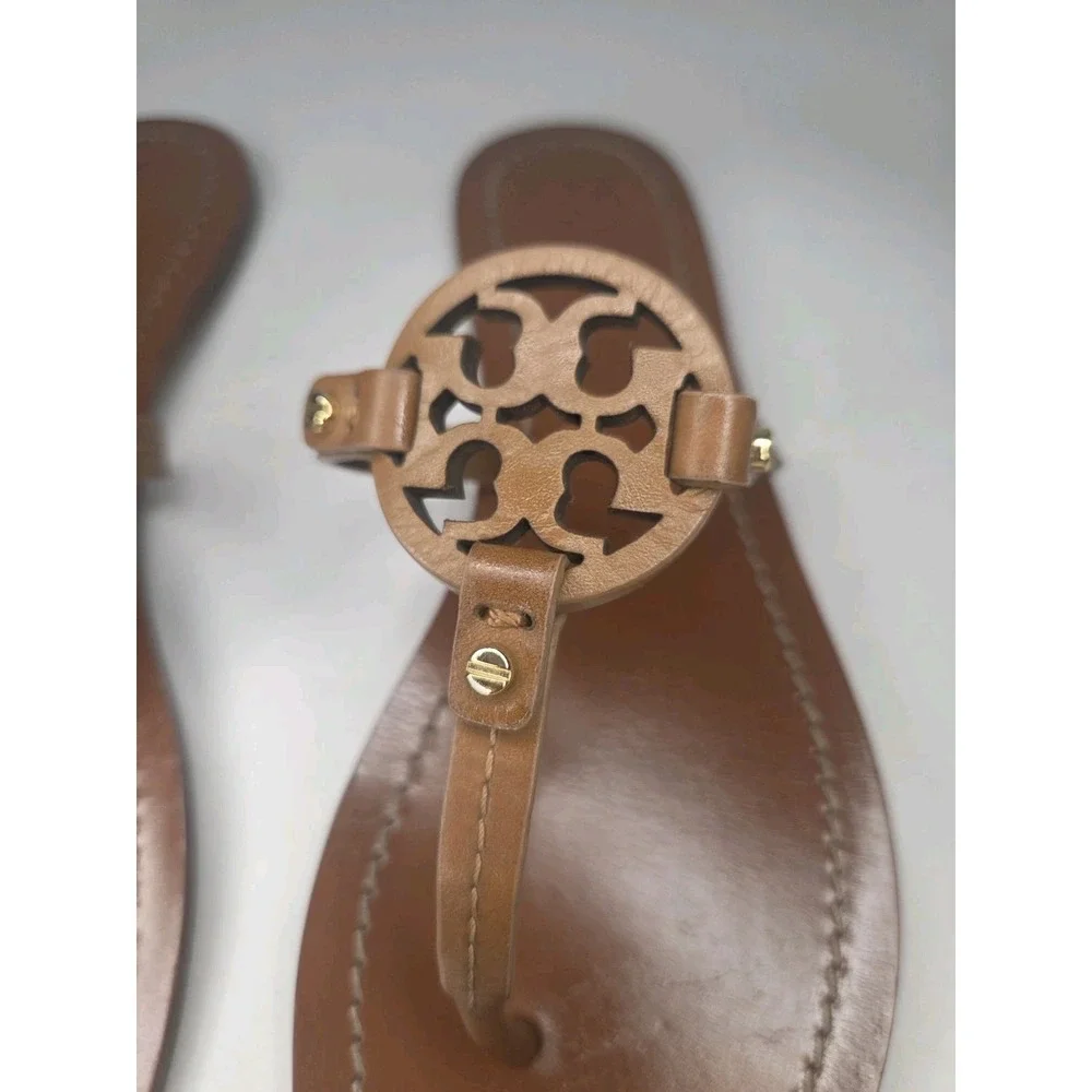 Tory Burch Miller Leather Thong Sandals Tan Brown Double T Logo Flat Women's 7.5